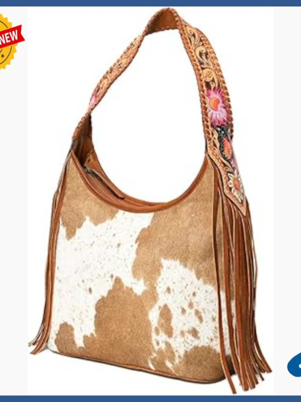 Western Hobo Bag Hand Tooled Leather Hair-On Cowhide Fringe Purse